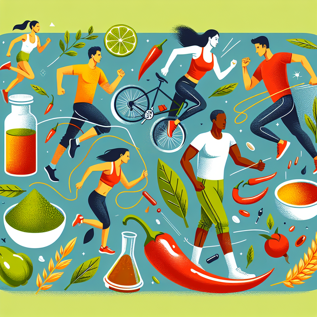 A vibrant illustration showing various foods that boost metabolism alongside active individuals exercising outdoors