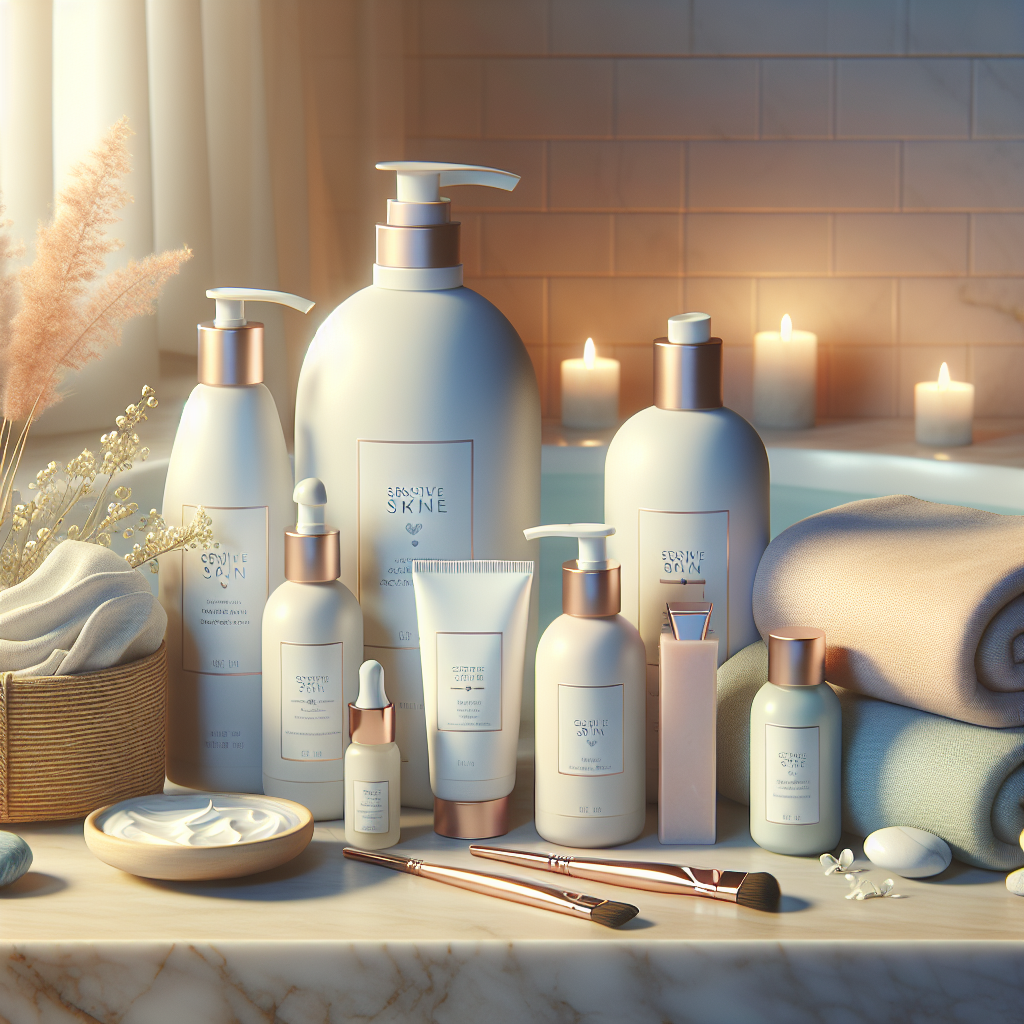 A serene bathroom setting featuring an array of gentle skincare products designed for sensitive skin, including moisturizers, cleansers, and soothing masks. Soft lighting creates a calming atmosphere.
