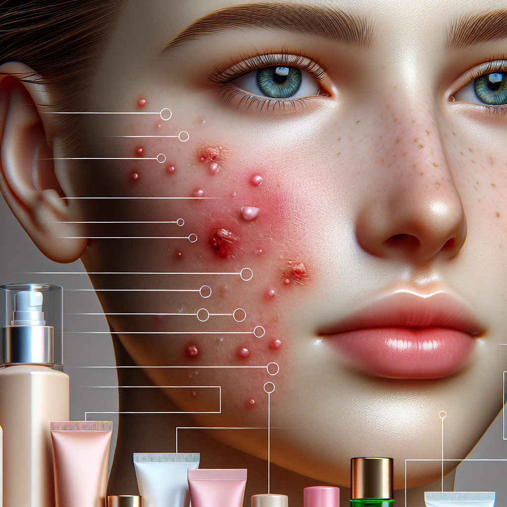 A close-up of delicate human skin showing redness and irritation with skincare products around it