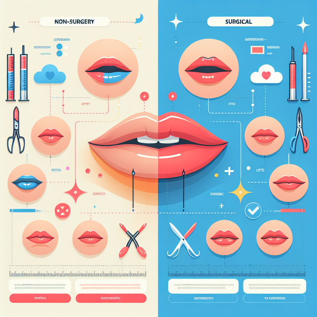 A visually appealing infographic comparing non-surgical and surgical lip enhancement techniques