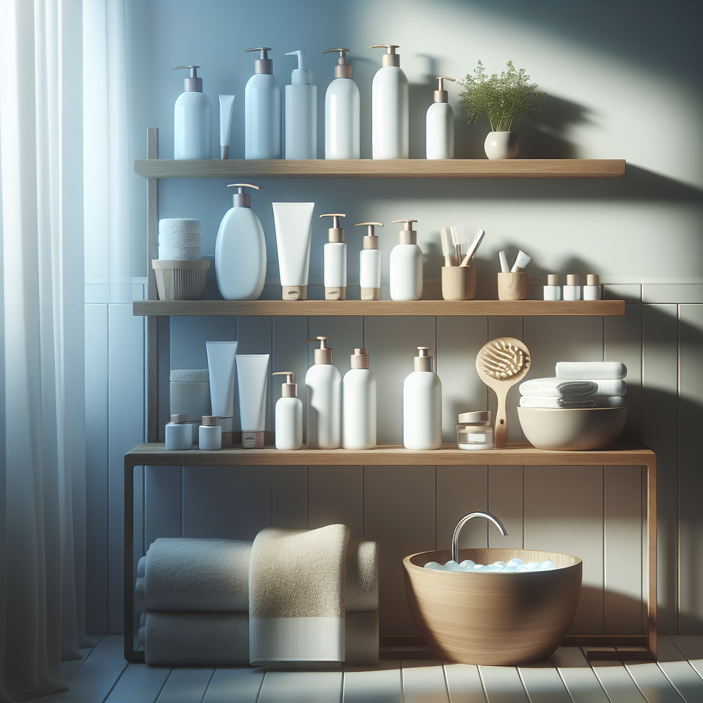A serene bathroom scene featuring an array of hypoallergenic skincare products including cleansers and moisturizers on a wooden shelf