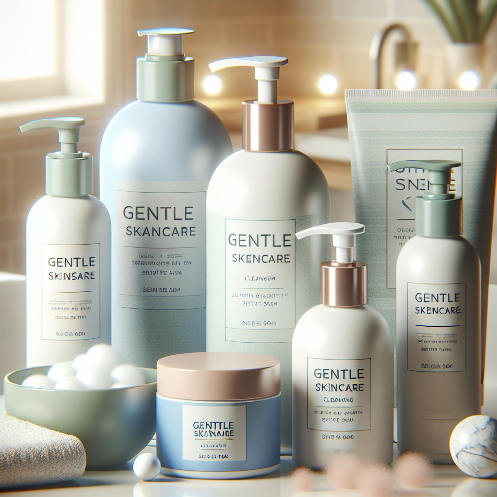 A collection of gentle skincare cleansers suitable for sensitive skin displayed on a bathroom counter