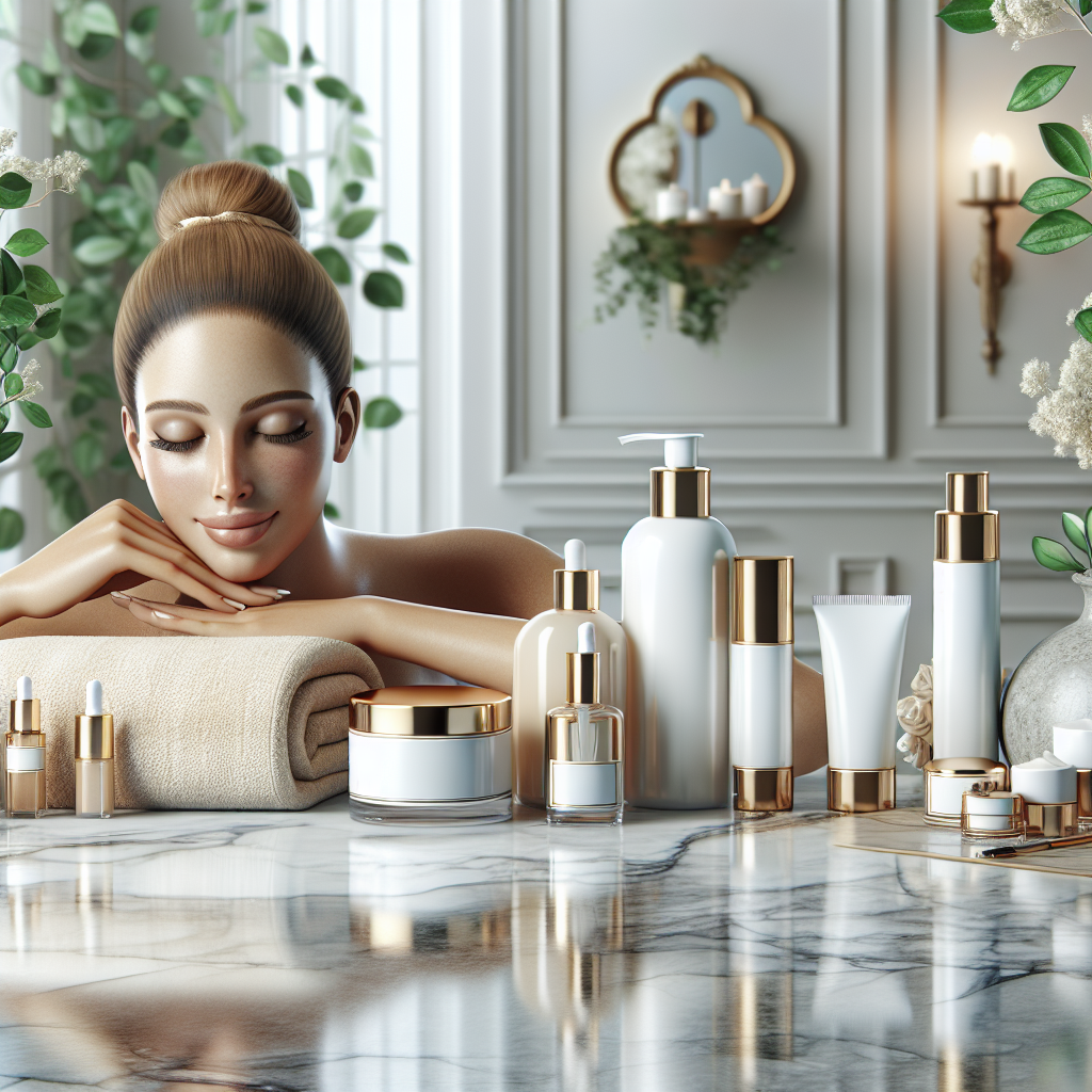 A luxurious spa setting showcasing various medical grade skincare products on a marble countertop
