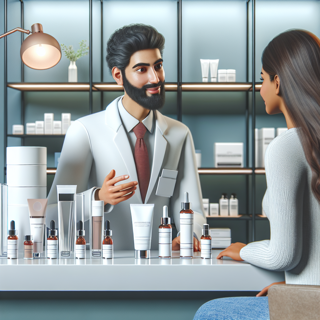 A dermatologist consulting with a client in a modern clinic setting, showcasing various medical grade skincare products