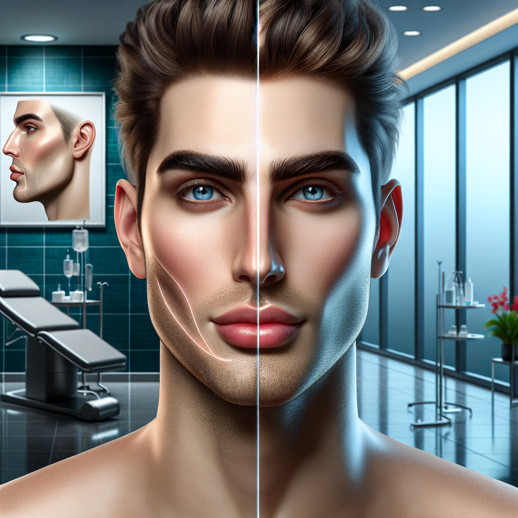 A stylish before-and-after comparison of a person undergoing jawline contouring procedures, showcasing both non-surgical and surgical options in a modern clinic setting.