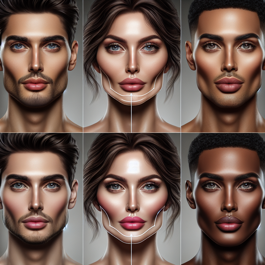 A before and after transformation showcasing jawline contouring techniques on diverse faces