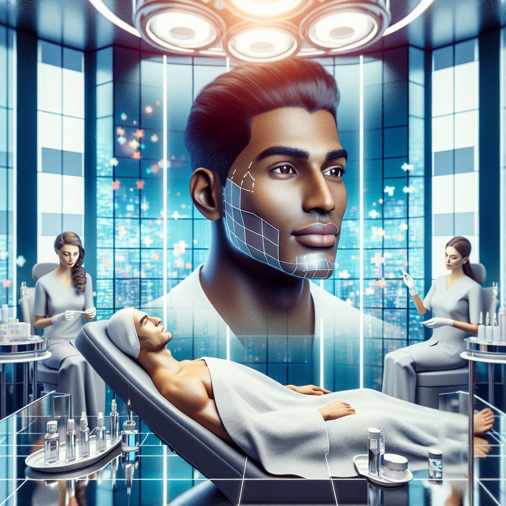 A modern medspa setting showcasing non-surgical jawline contouring techniques with patients receiving treatments like dermal fillers and Botox in an elegant environment.