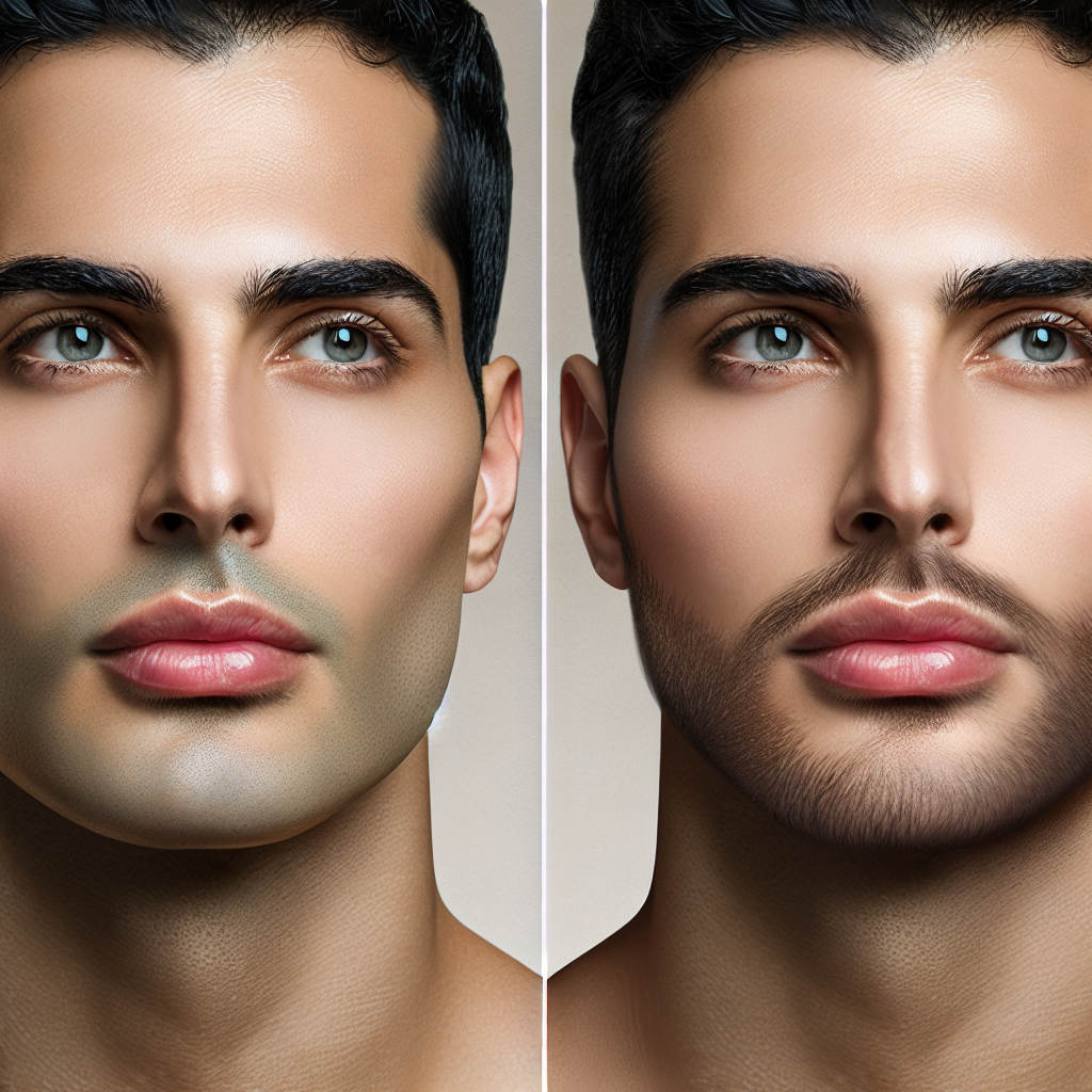 A before-and-after comparison of jawline enhancement through surgical techniques, showcasing improved definition and contouring