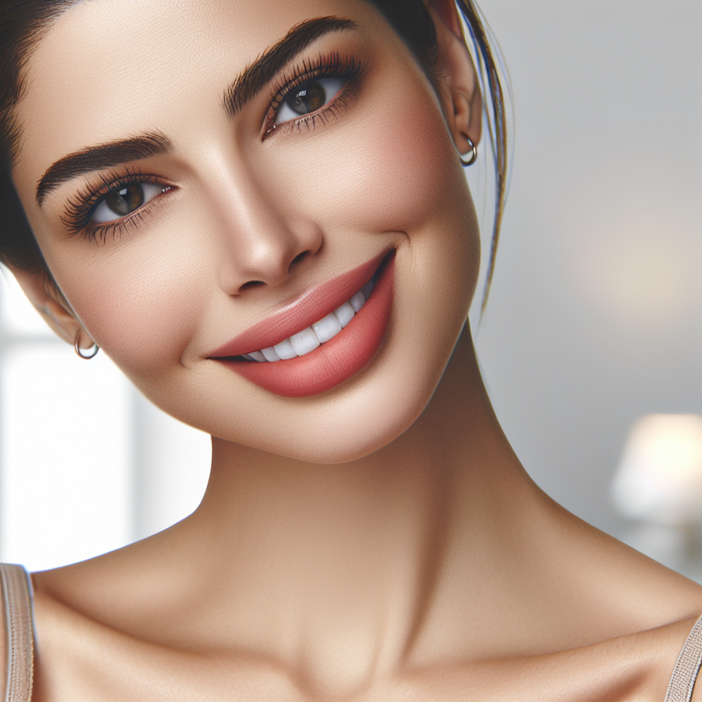 A close-up of a woman with natural-looking enhanced lips, smiling confidently in a bright setting