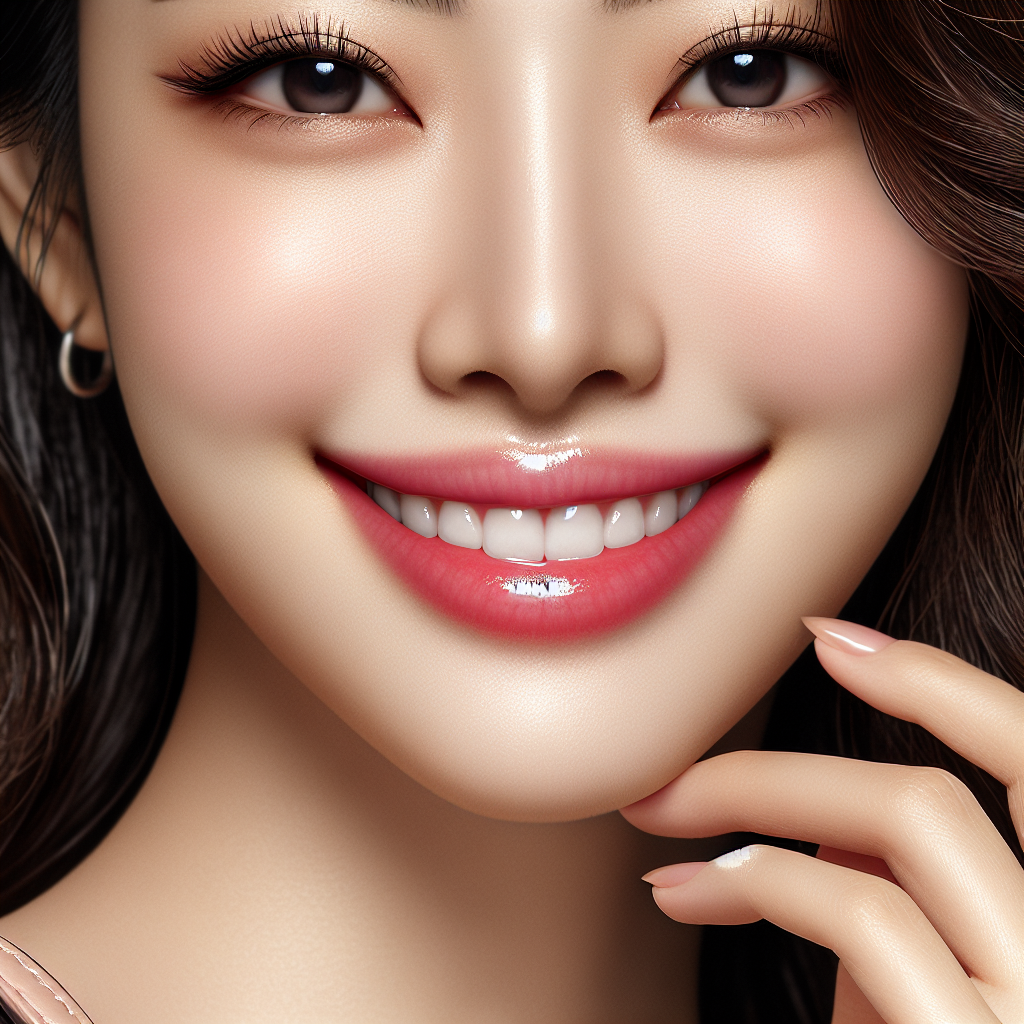 A close-up photo of a woman smiling with natural-looking fuller lips after lip enhancement