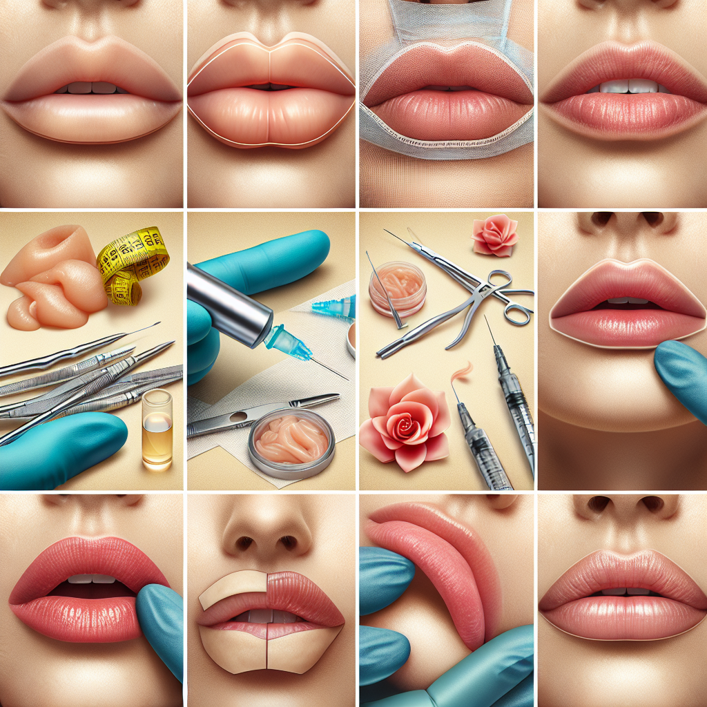 A collage showing different types of lip enhancement procedures including temporary fillers, fat transfer process, and before & after images of a lip lift surgery