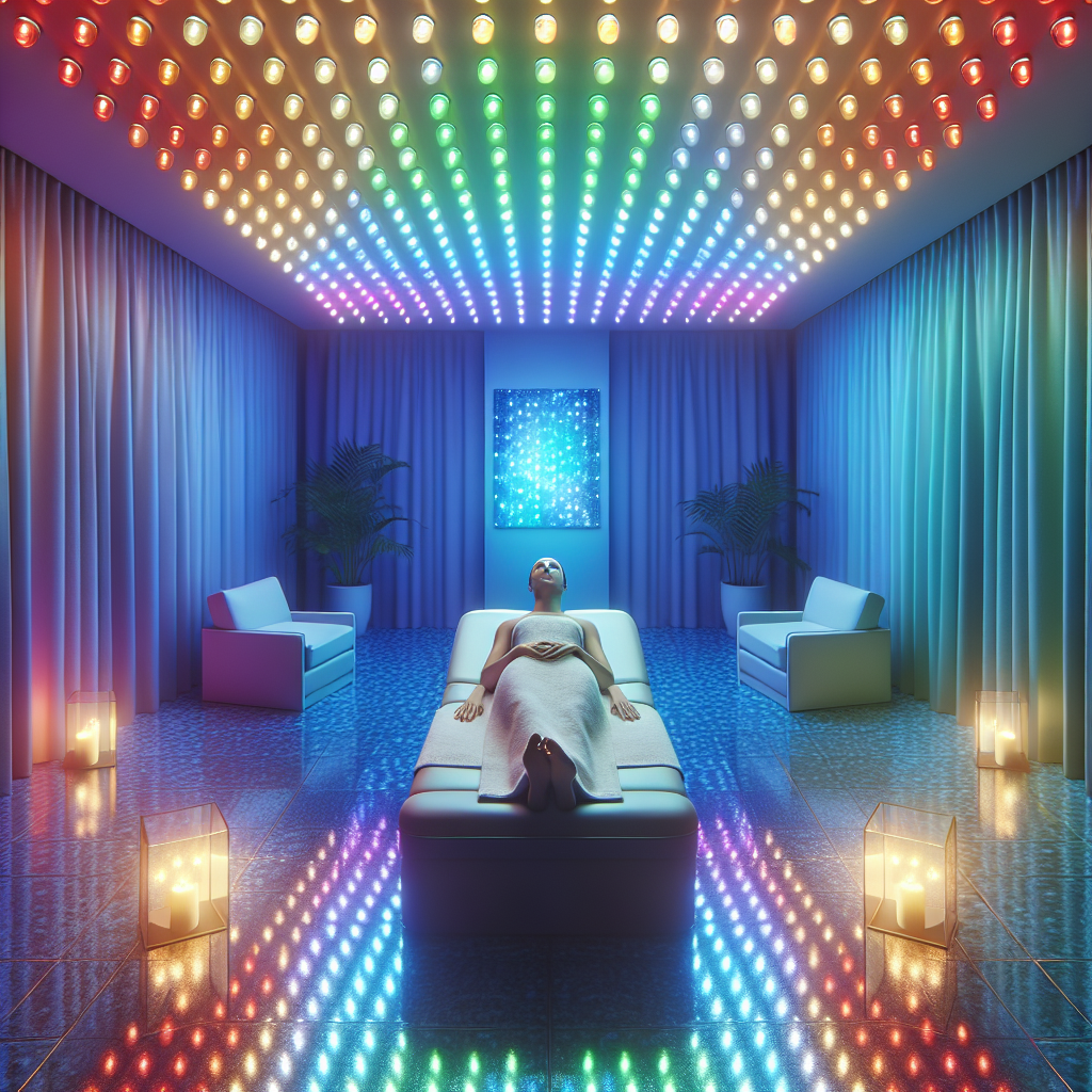A serene spa setting featuring an LED light therapy session with a client relaxing under colorful lights