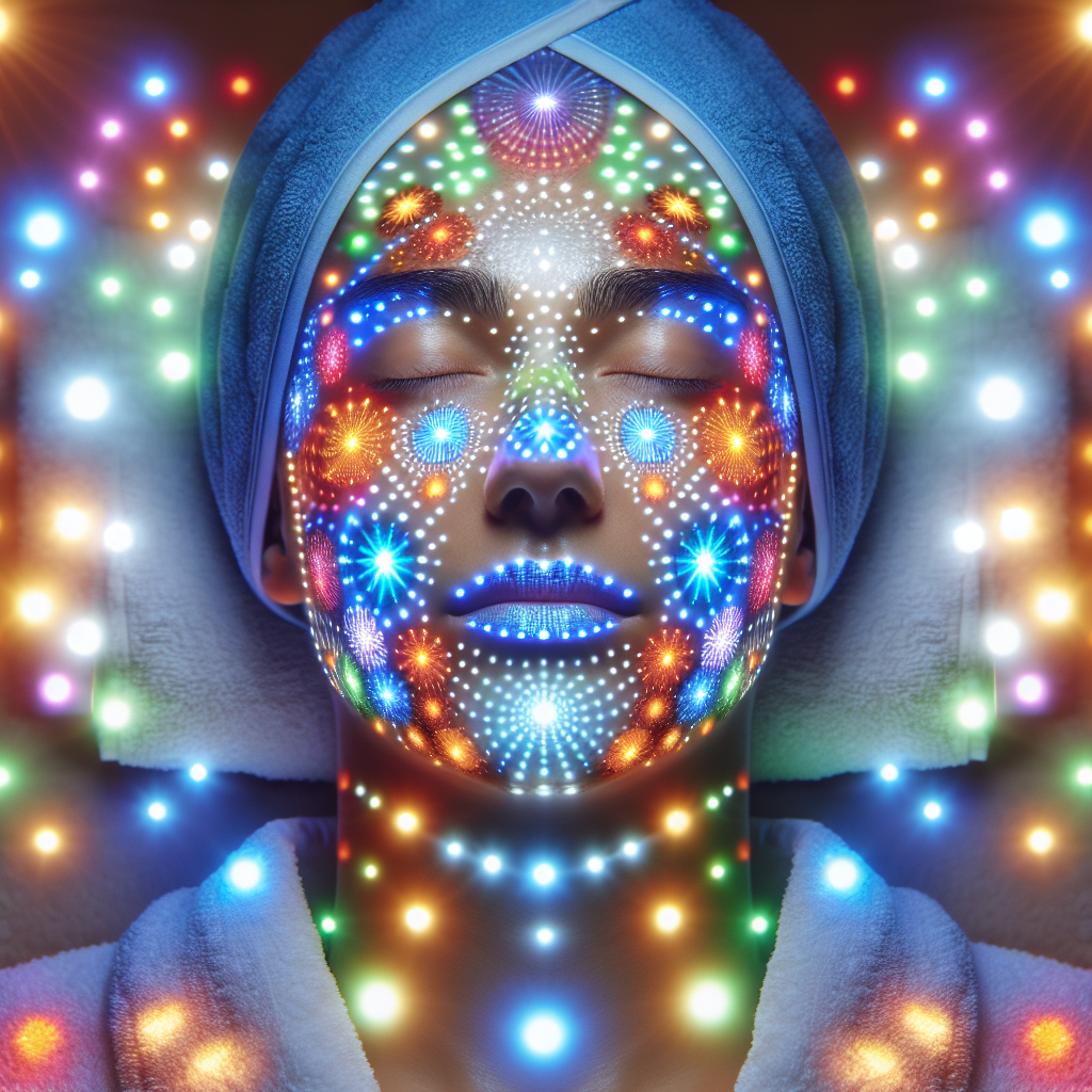 A serene spa setting with an individual receiving LED light therapy treatment on their face, showcasing different colored lights illuminating their skin