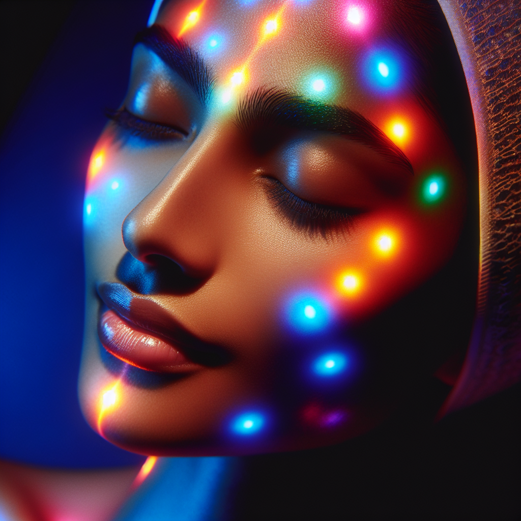 A close-up view of a woman undergoing LED light therapy treatment with colorful lights illuminating her face
