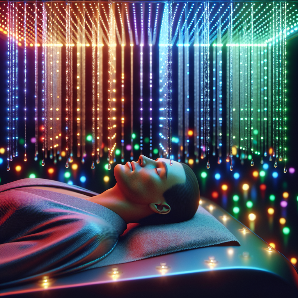 A serene spa environment featuring an LED light therapy treatment session with a client relaxing under colorful lights