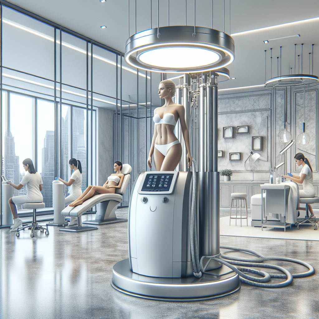 A modern medspa interior featuring advanced non-invasive body sculpting equipment with clients receiving treatments