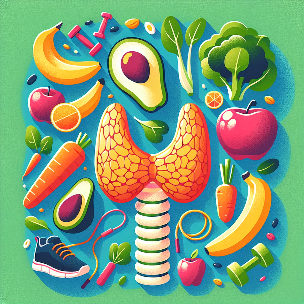 A vibrant illustration depicting a healthy thyroid gland surrounded by fruits, vegetables, and exercise equipment symbolizing thyroid optimization