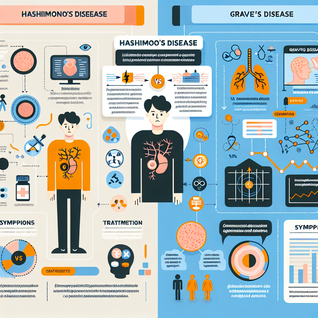 A detailed infographic illustrating Hashimoto's disease vs Graves' disease with symptoms, treatment options, and statistics