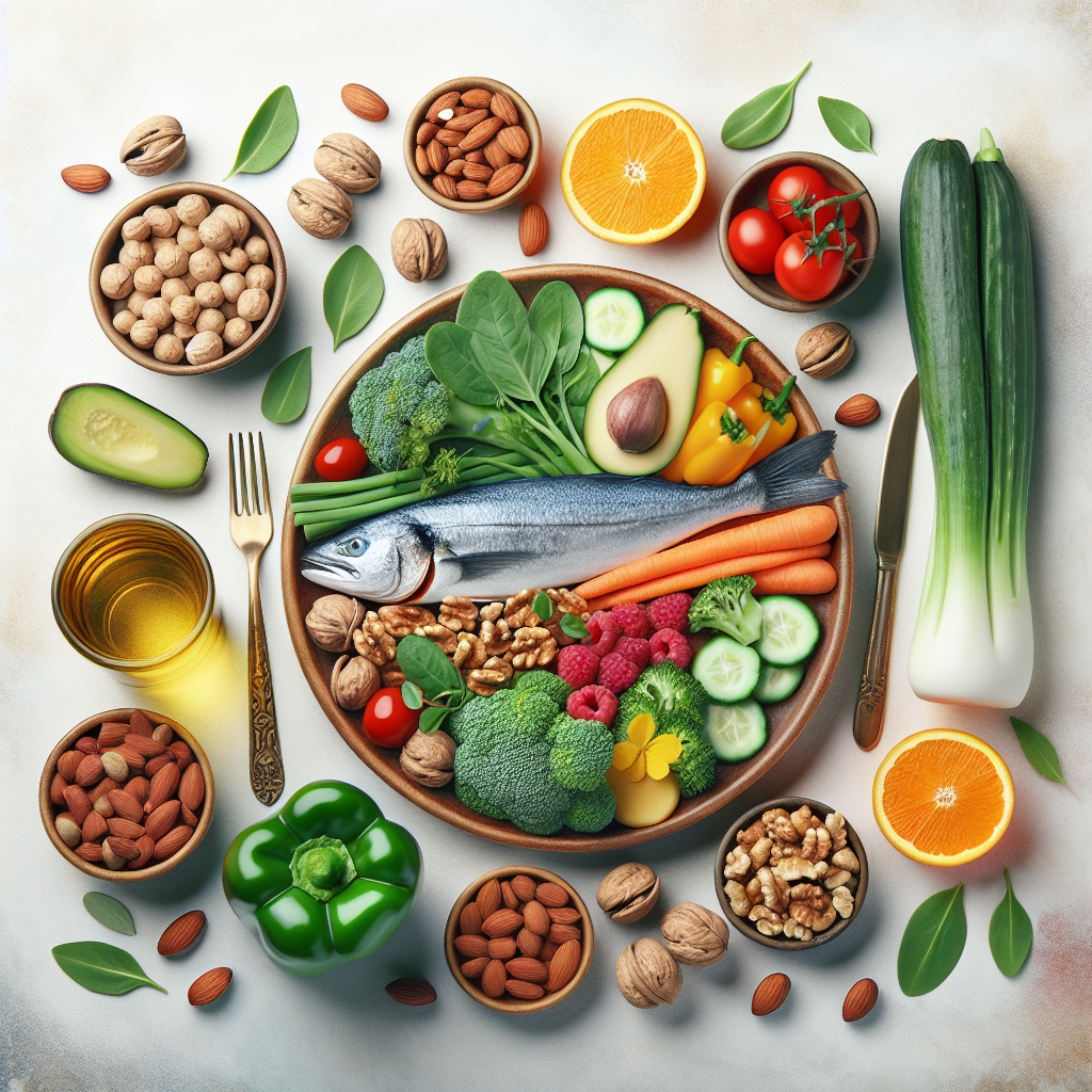 A vibrant plate full of healthy foods including fish, nuts, leafy greens, and colorful vegetables representing dietary support for thyroid health