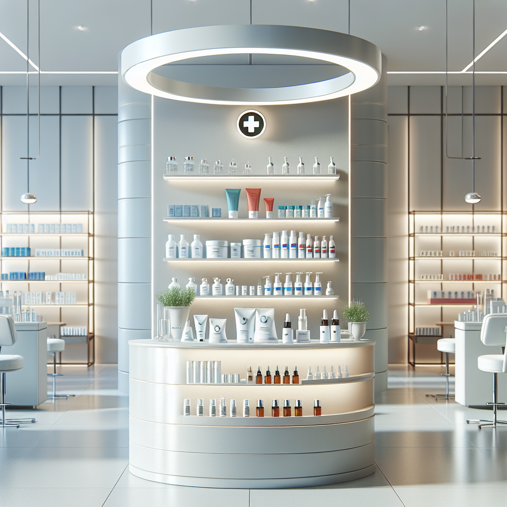 A modern medical spa interior showcasing various clinical skincare products on display