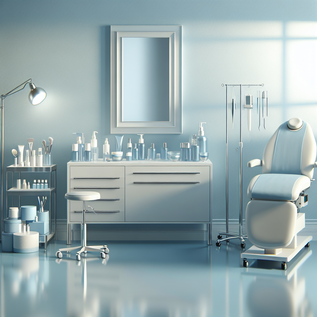 A serene clinical skincare treatment room with various dermatology tools and products neatly arranged