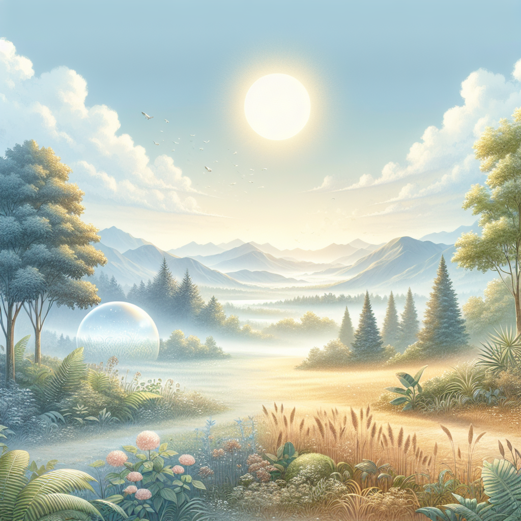 A serene environment showing various environmental triggers of rosacea such as sunlight, wind, and pollution.