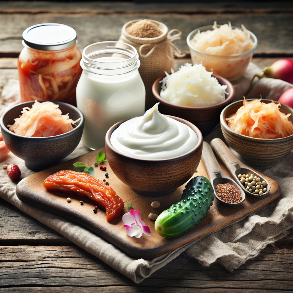 A visually appealing arrangement of probiotic-rich foods like yogurt, sauerkraut, and kimchi on a rustic wooden table
