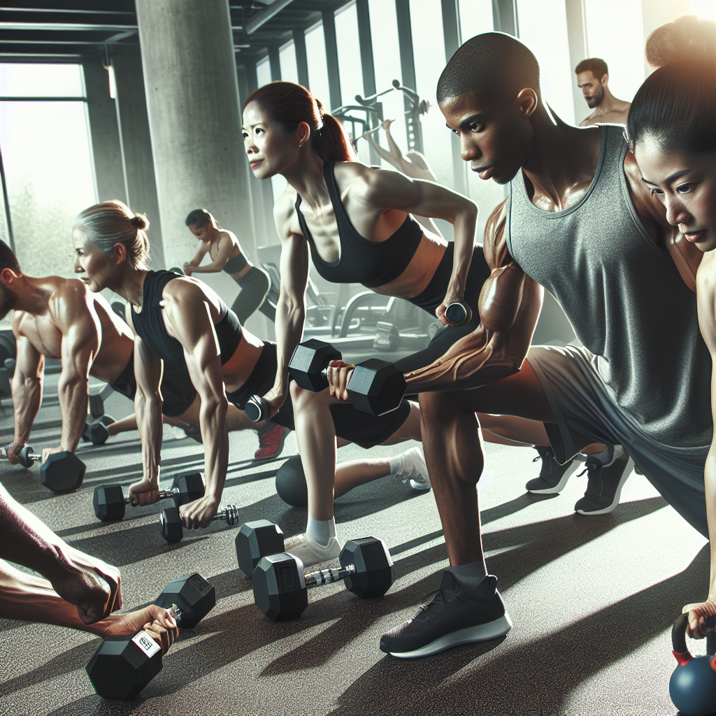 A vibrant image of diverse adults engaged in various arm sculpting exercises at a gym