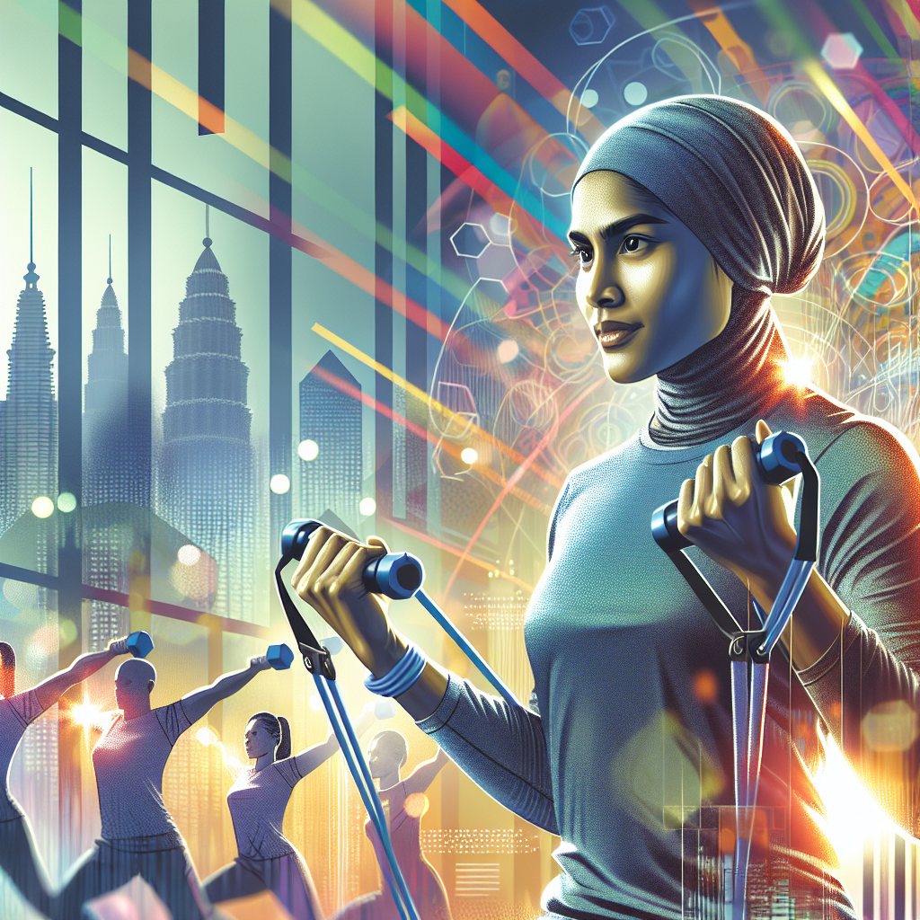 A fit person performing various arm exercises with dumbbells and resistance bands in a bright gym setting