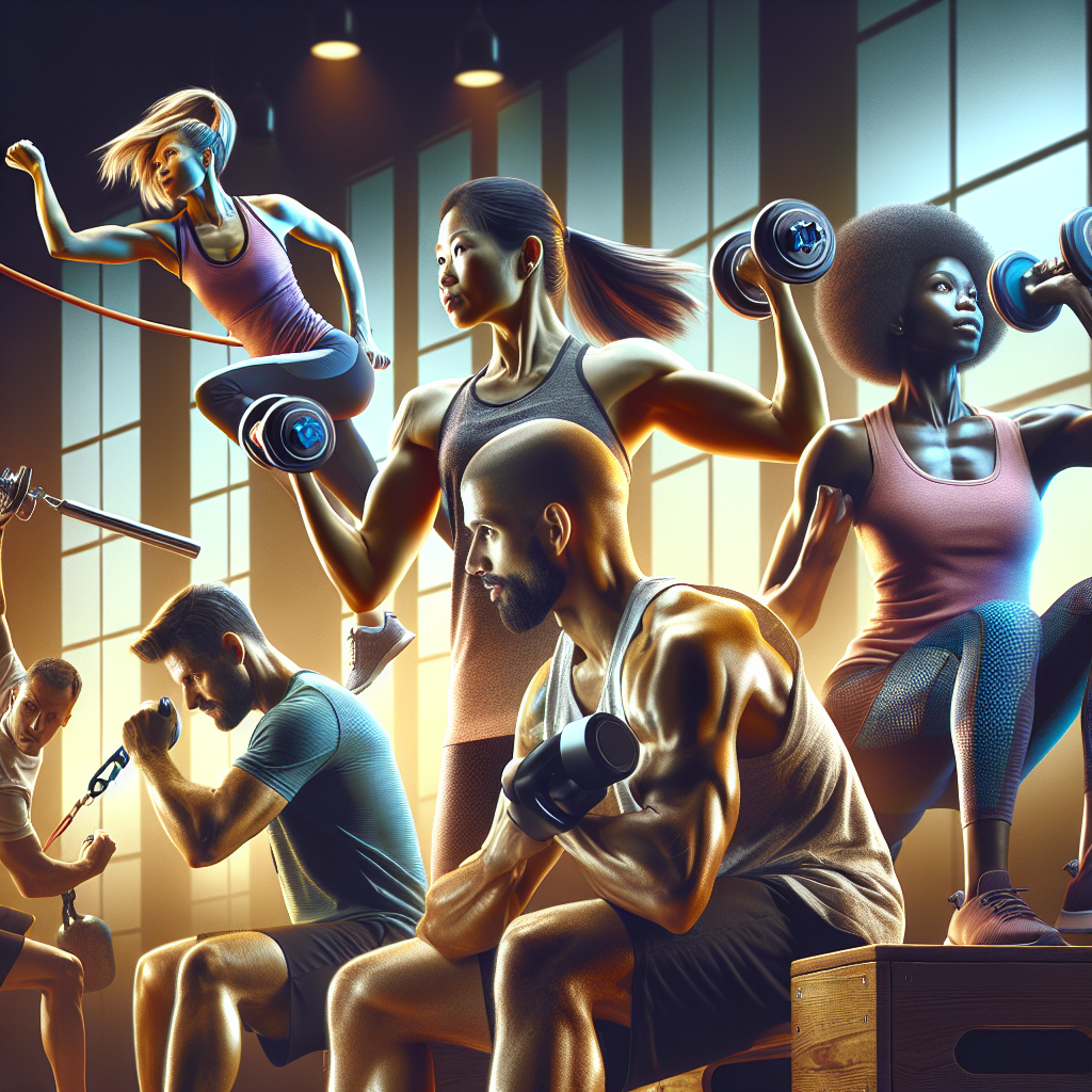 A vibrant gym scene showcasing a diverse group of adults engaging in various arm sculpting exercises with dumbbells, resistance bands, and kettlebells
