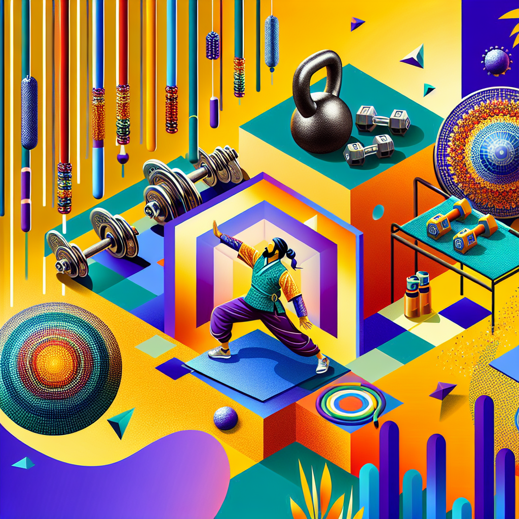 A vibrant home gym setup featuring dumbbells, kettlebells, resistance bands, and a person performing various arm exercises