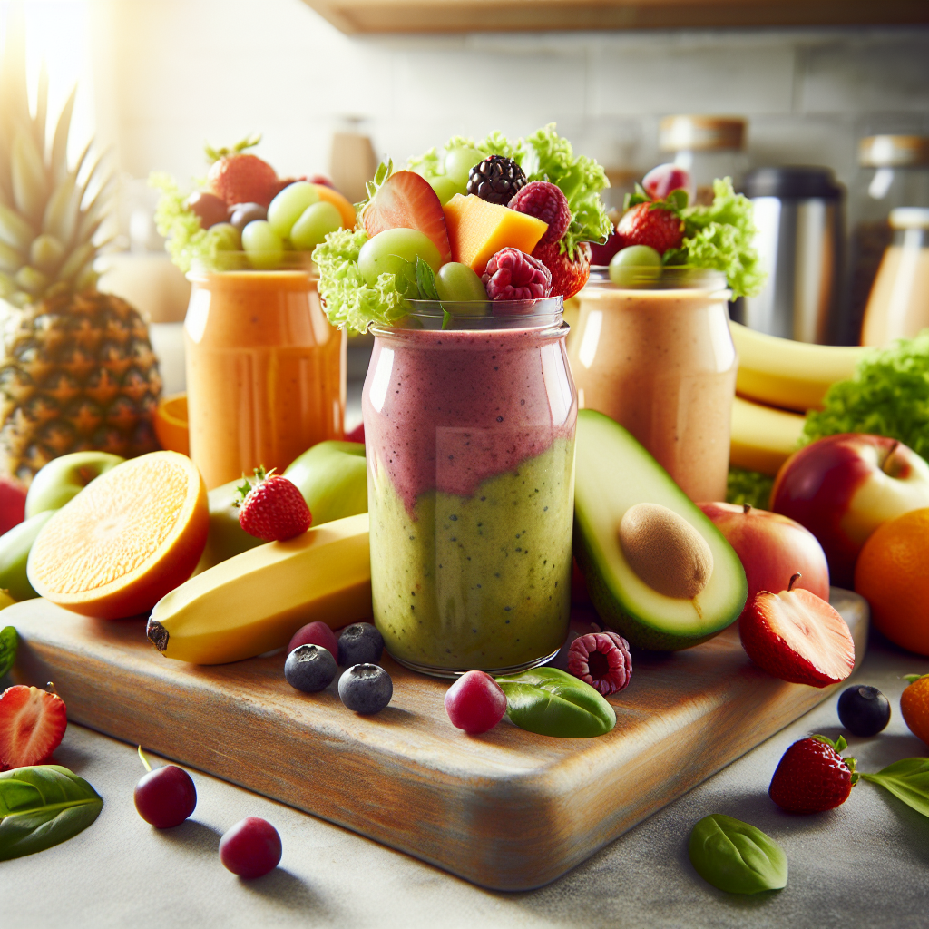A vibrant smoothie with fresh fruits and vegetables on a kitchen counter