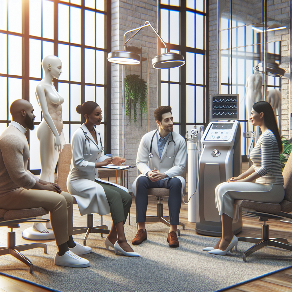A modern wellness clinic showcasing advanced treatments for stomach fat reduction with patients consulting with professionals