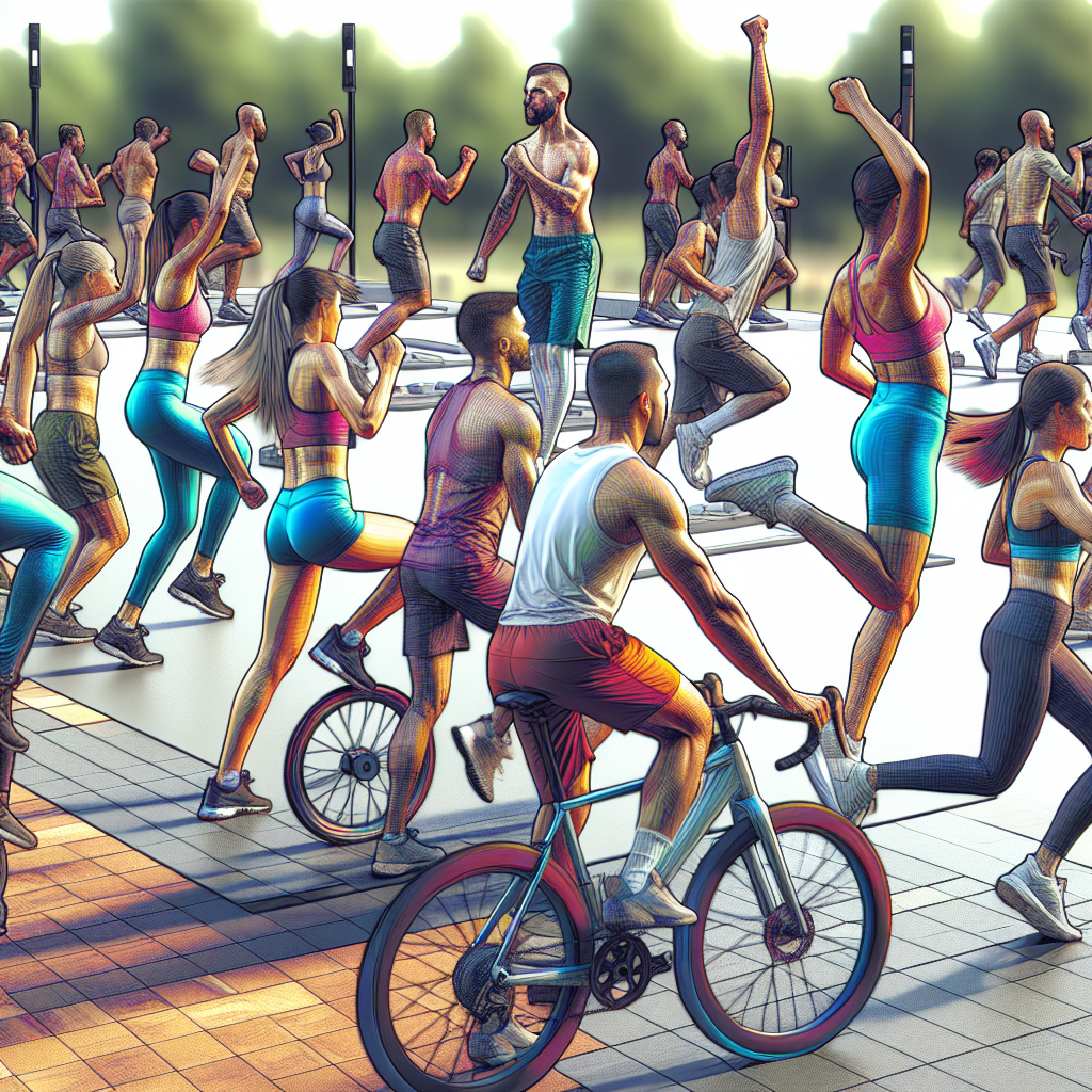 A dynamic fitness scene showcasing diverse individuals engaging in various exercises like HIIT, cycling, and dancing in an outdoor park setting