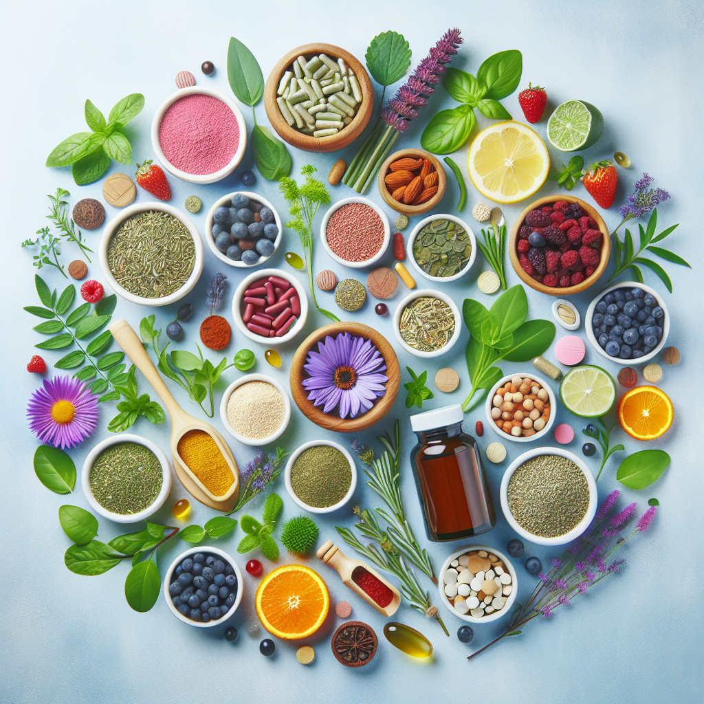 A vibrant display of various herbs and supplements known for weight loss benefits arranged aesthetically