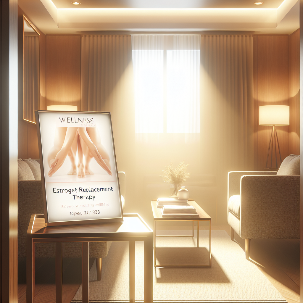 A warm and inviting medical consultation room with soft lighting, showcasing wellness brochures about estrogen replacement therapy on a table