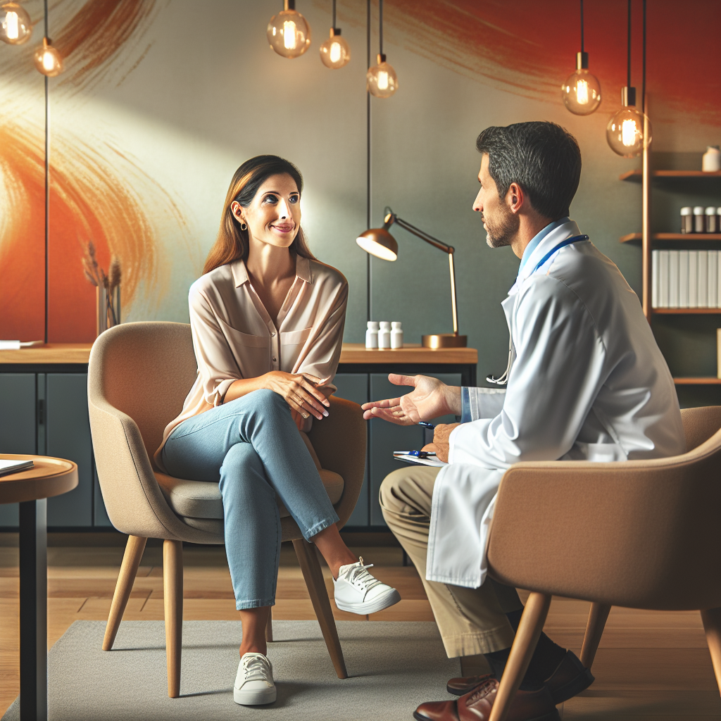 A woman consulting with a healthcare professional about hormone replacement therapy options in a warm clinic setting
