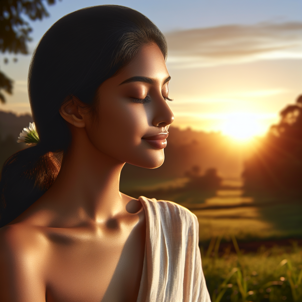 A serene woman enjoying nature during sunset, symbolizing vitality and well-being after hormone therapy