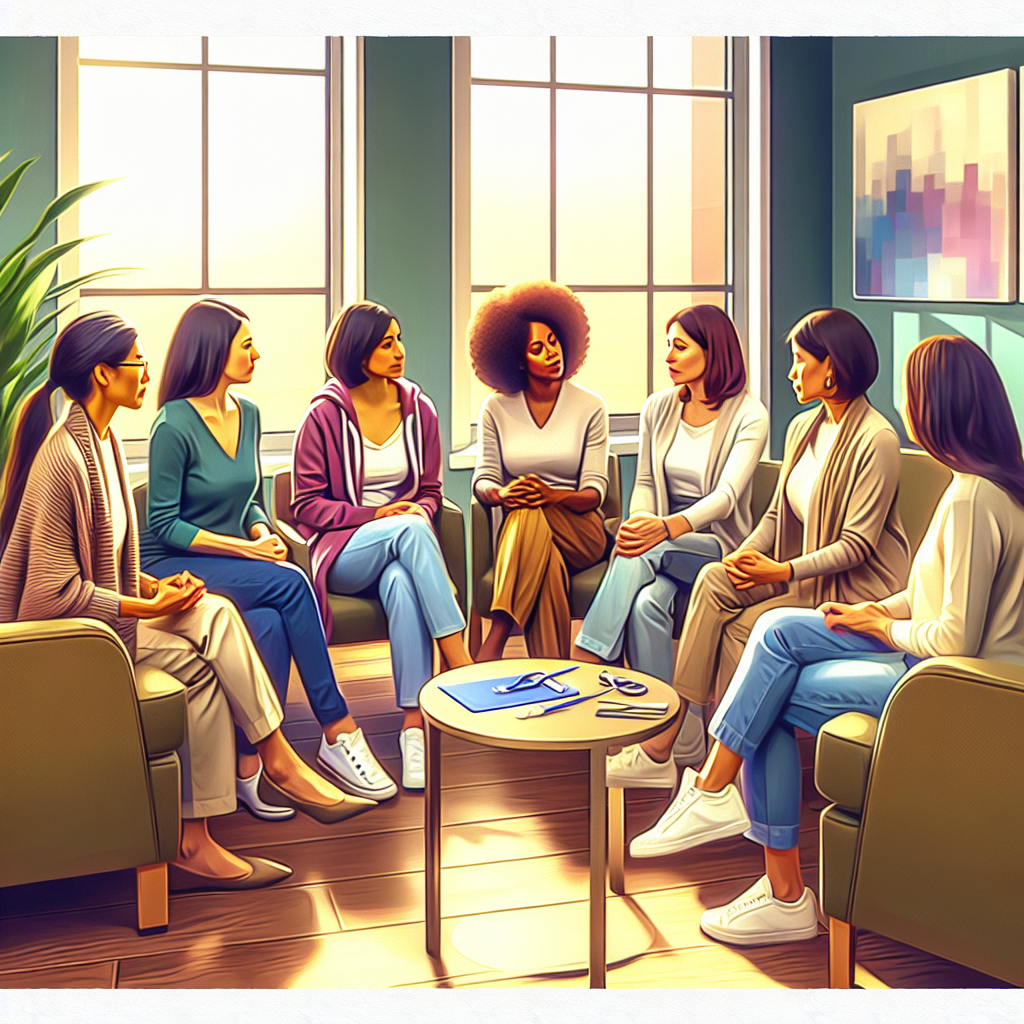 A diverse group of women discussing health options in a warm clinic setting