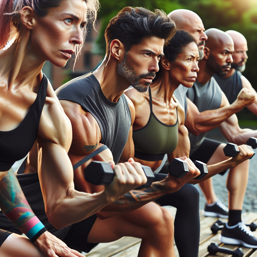 A vibrant image of diverse adults engaging in various arm sculpting exercises with dumbbells and resistance bands outdoors