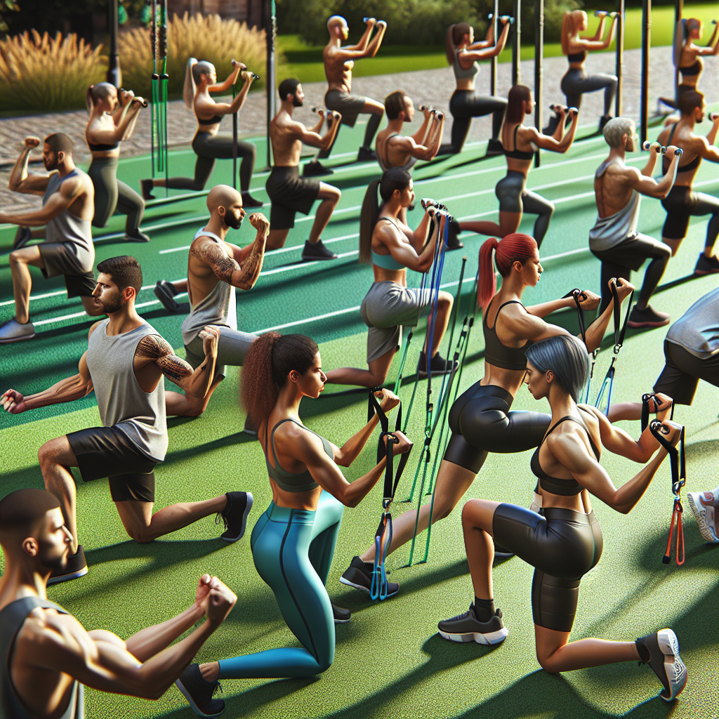 A dynamic fitness scene showcasing various arm sculpting exercises with resistance bands, dumbbells, kettlebells, and bodyweight movements in an outdoor park setting