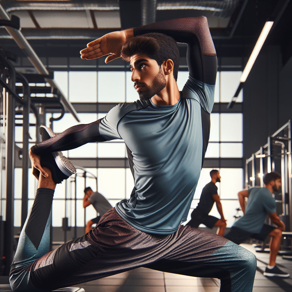 A fitness coach demonstrating dynamic stretching exercises with an emphasis on arm flexibility in a bright gym setting