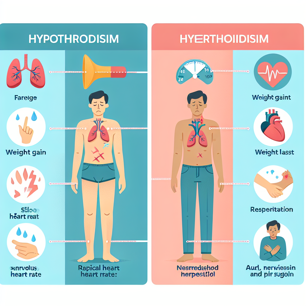 A visual representation showing the symptoms of hypothyroidism and hyperthyroidism with illustrations for each symptom