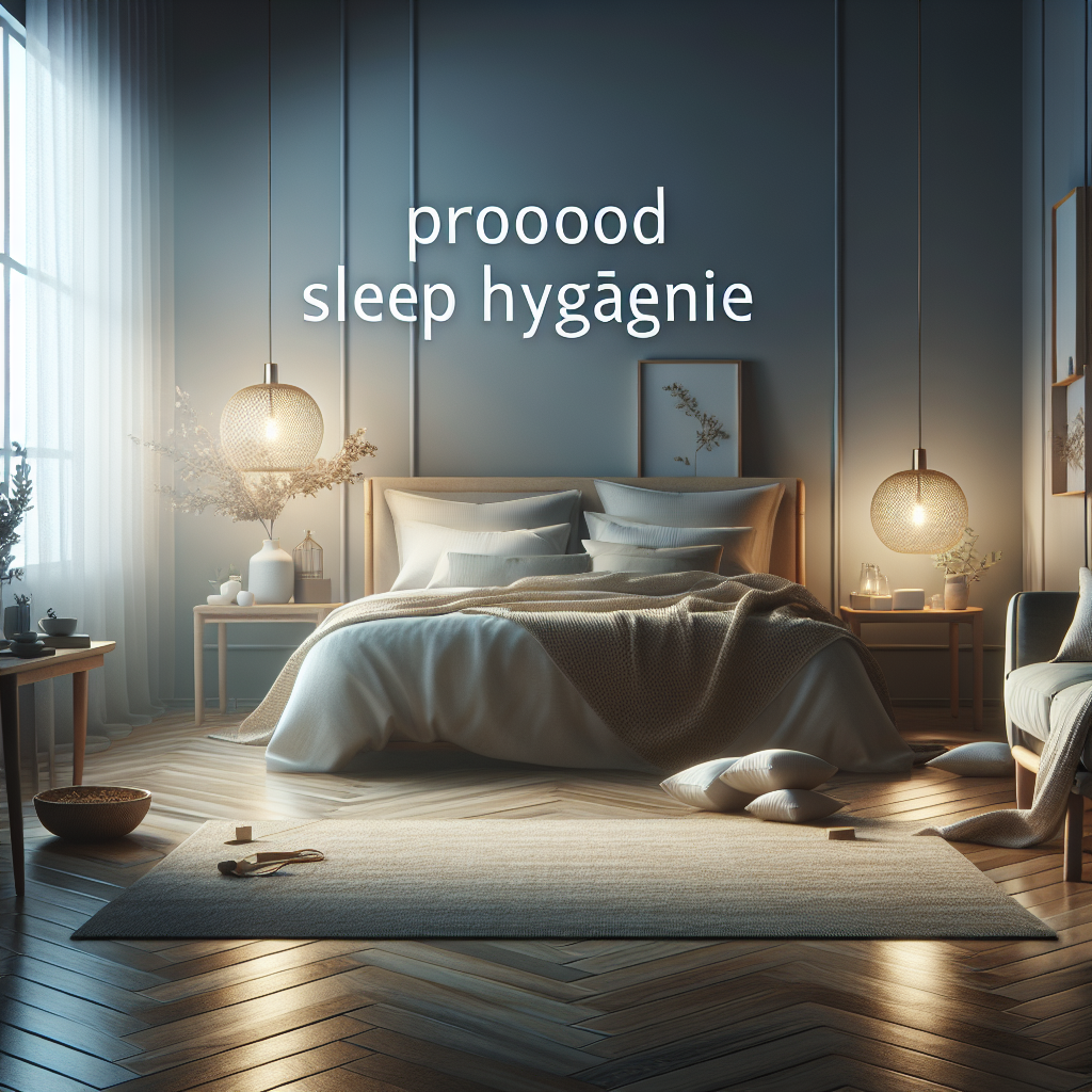 A serene bedroom setting promoting good sleep hygiene with soft lighting and calming decor