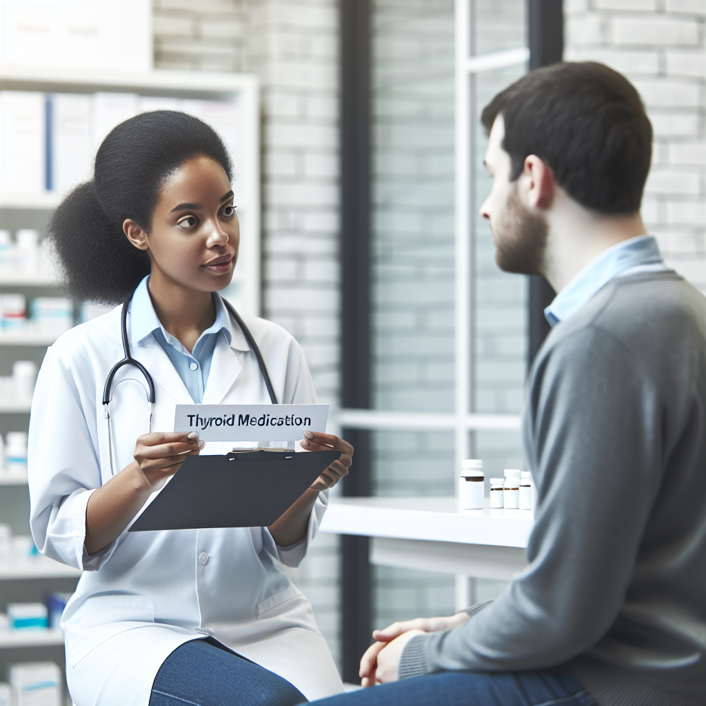 A pharmacist consulting with a patient about thyroid medication options in a modern pharmacy setting