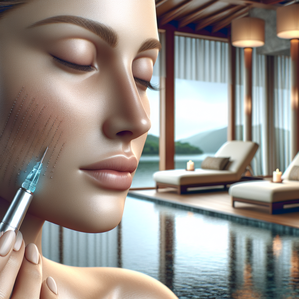 A close-up of a woman's face undergoing microneedling treatment in a serene spa setting