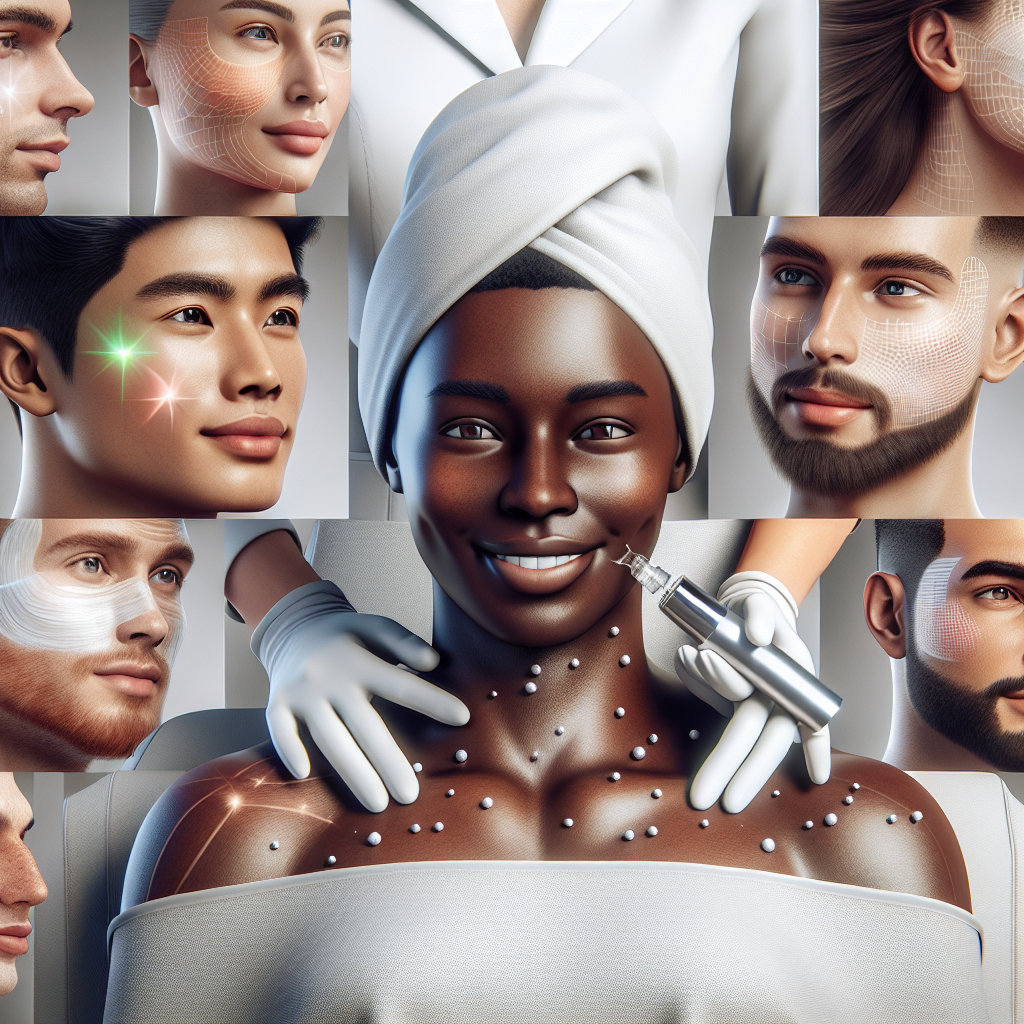 A close-up shot of diverse individuals receiving advanced skincare treatments at a modern medspa