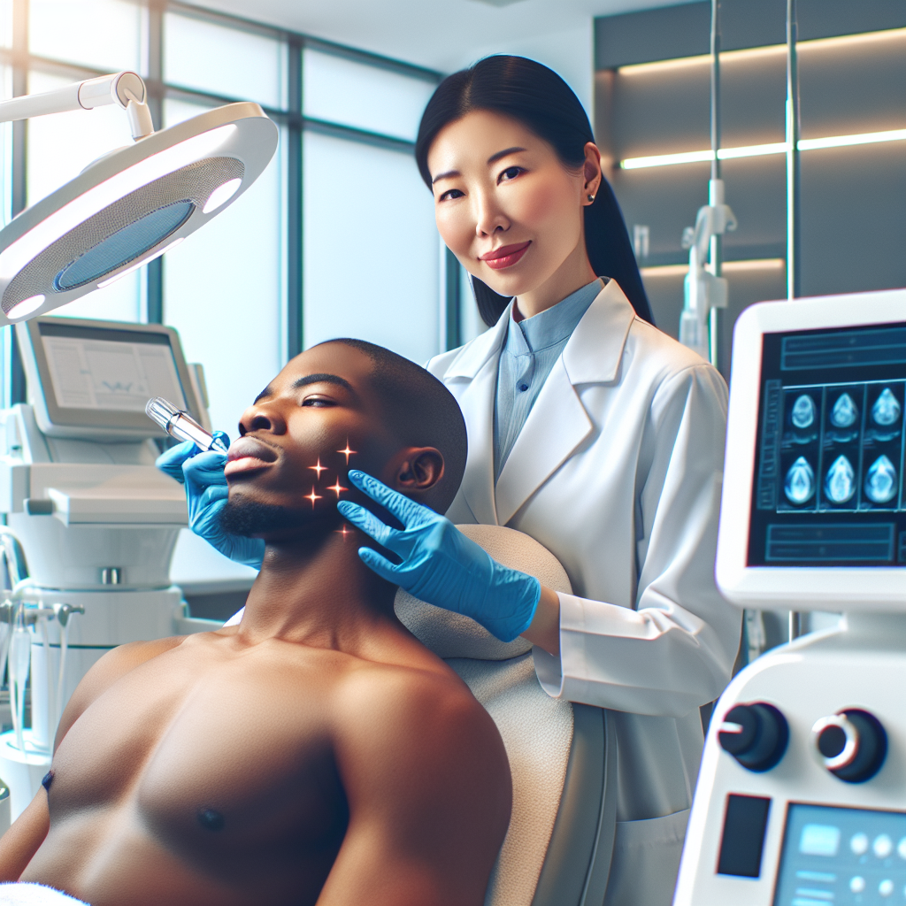 A vibrant skincare clinic showing advanced anti-aging treatments being administered by a professional dermatologist