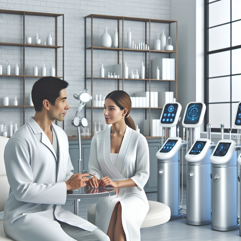 A serene spa environment featuring a dermatologist consulting with a client about personalized skincare solutions, showcasing various high-tech beauty devices in the background.