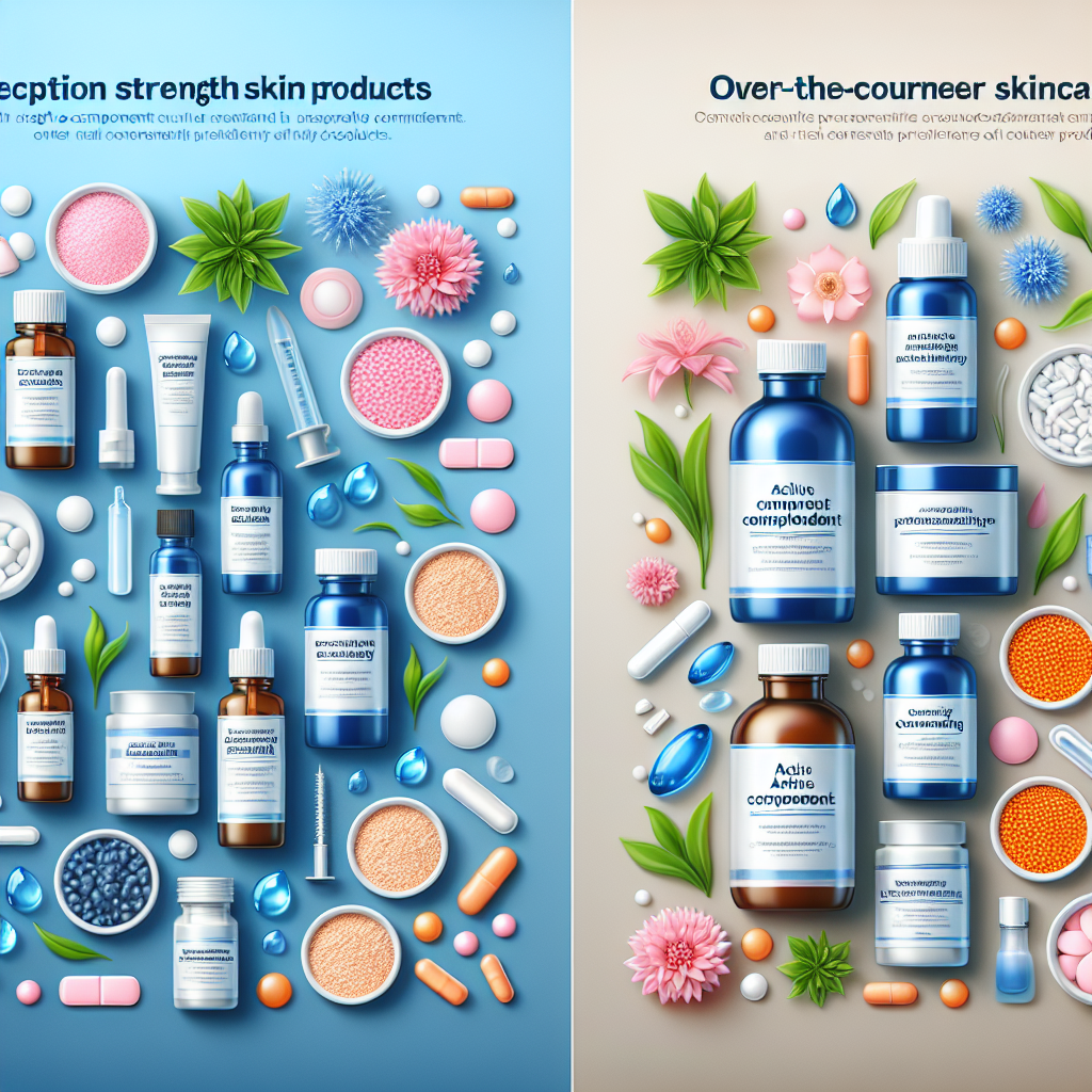 A visual representation of skincare ingredients with labels highlighting active components in prescription strength products vs over-the-counter products